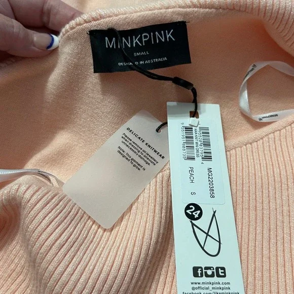 MINKPINK Ribbed Off Shoulder Long Sleeve Kaia Mini Dress Small in Peach New‎ - Picture 6 of 8
